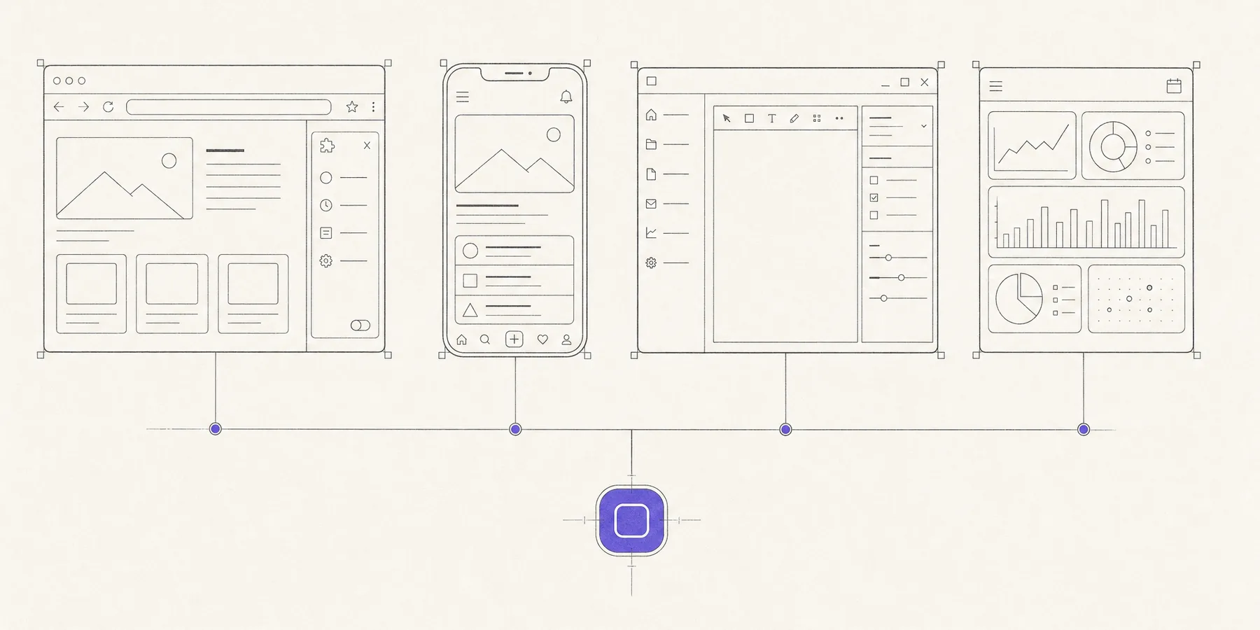 One system, many surfaces: a website with a browser extension, a mobile app, a desktop app, and a dashboard, all wired to a shared core.