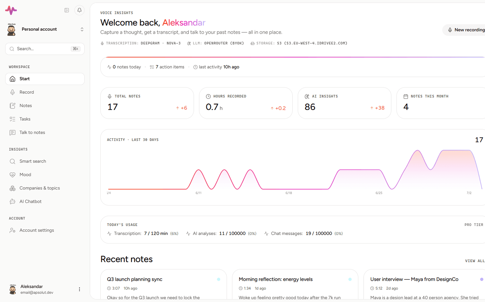 Voice Notes dashboard